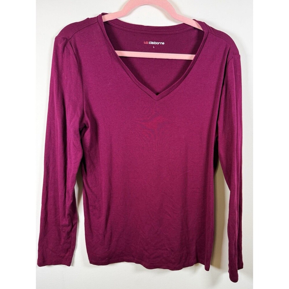 Liz Claiborne Womens Purple Solid Knit V-Neck Long Sleeve T-Shirt - L